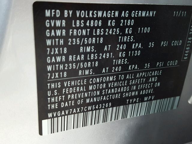 WVGAV7AX7CW543269 - 2012 VOLKSWAGEN TIGUAN S SILVER photo 10