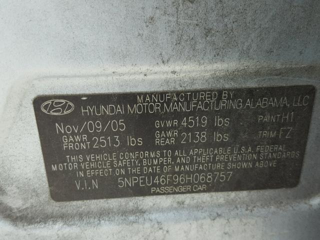 5NPEU46F96H068757 - 2006 HYUNDAI SONATA GLS BLUE photo 10