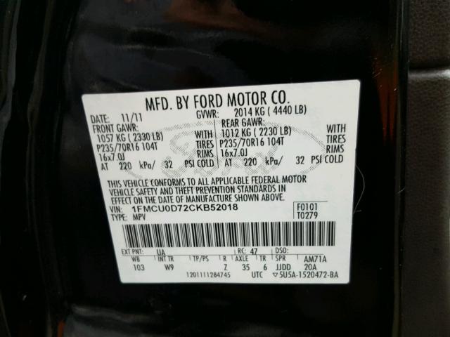 1FMCU0D72CKB52018 - 2012 FORD ESCAPE XLT BLACK photo 10