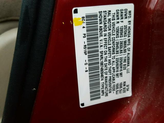 5FNRL18874B094674 - 2004 HONDA ODYSSEY EX BURGUNDY photo 10