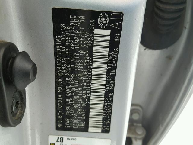 2T1KU40E39C070577 - 2009 TOYOTA COROLLA MA SILVER photo 10