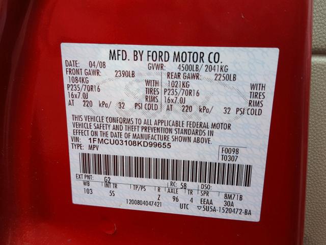 1FMCU03108KD99655 - 2008 FORD ESCAPE XLT MAROON photo 10