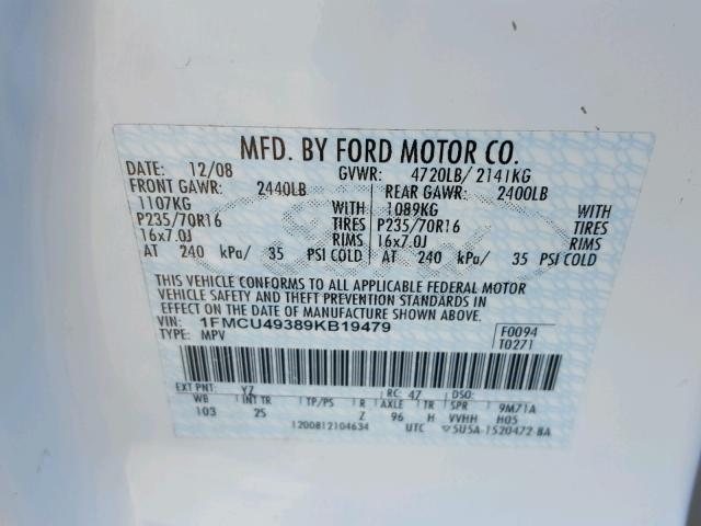 1FMCU49389KB19479 - 2009 FORD ESCAPE HYB WHITE photo 10