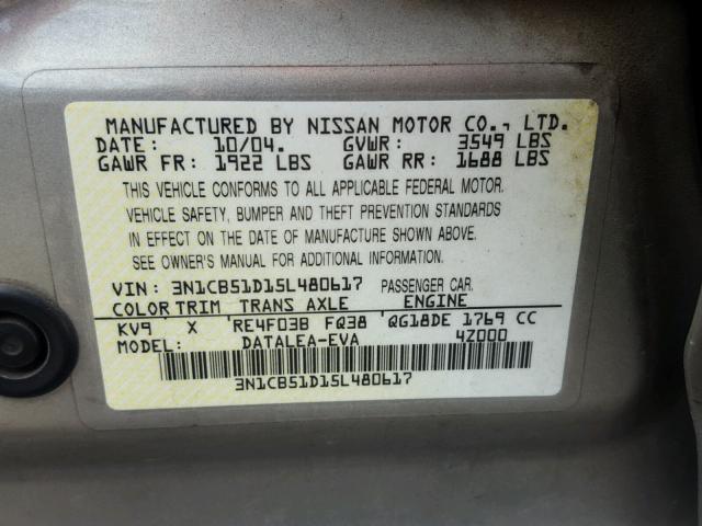 3N1CB51D15L480617 - 2005 NISSAN SENTRA 1.8 CHARCOAL photo 10