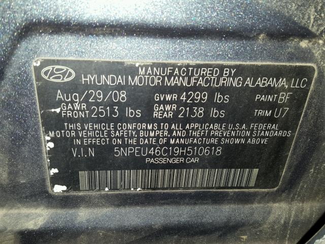 5NPEU46C19H510618 - 2009 HYUNDAI SONATA SE GRAY photo 10