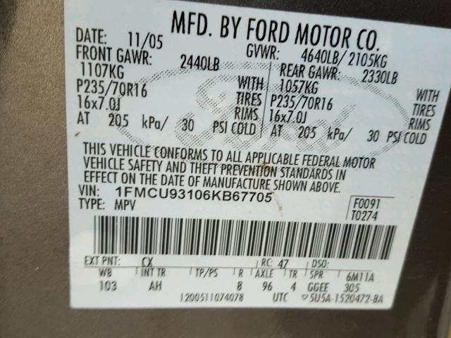 1FMCU93106KB67705 - 2006 FORD ESCAPE XLT GRAY photo 10