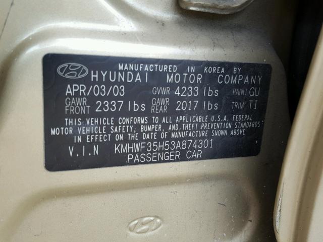 KMHWF35H53A874301 - 2003 HYUNDAI SONATA GLS GOLD photo 10