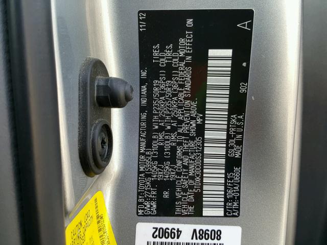 5TDXK3DC0DS312305 - 2013 TOYOTA SIENNA SPO GRAY photo 10