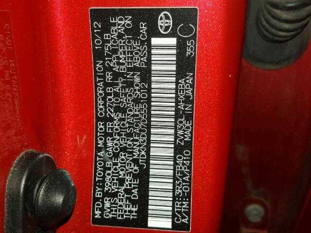 JTDKN3DU7D5551012 - 2013 TOYOTA PRIUS RED photo 10