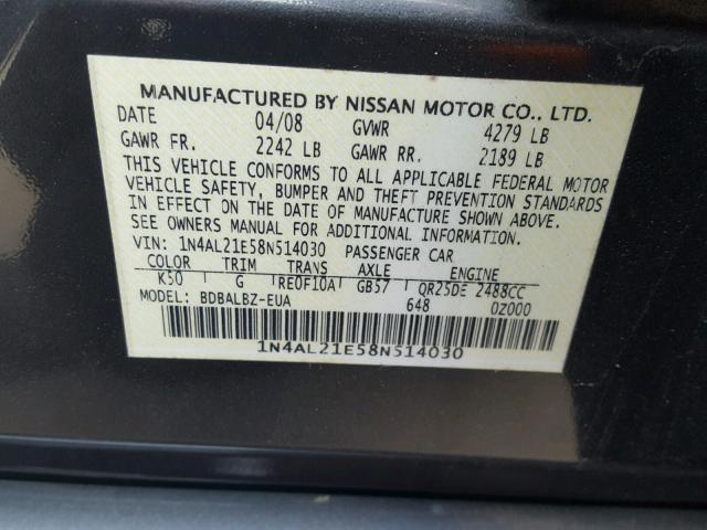 1N4AL21E58N514030 - 2008 NISSAN ALTIMA 2.5 GRAY photo 10