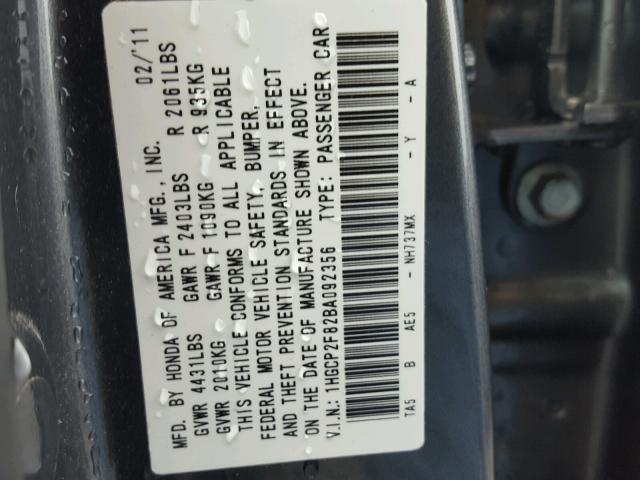 1HGCP2F82BA092356 - 2011 HONDA ACCORD EXL GRAY photo 10