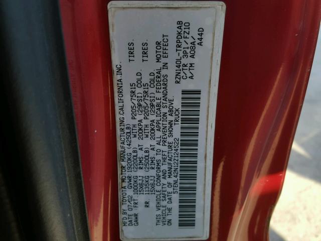 5TENL42N12Z124522 - 2002 TOYOTA TACOMA RED photo 10