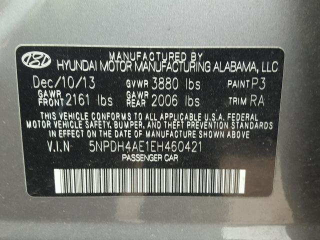 5NPDH4AE1EH460421 - 2014 HYUNDAI ELANTRA SE GRAY photo 10