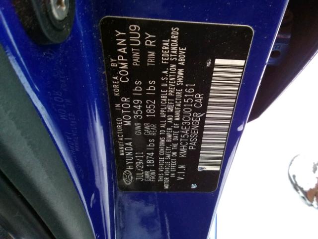 KMHCT5AE3CU015161 - 2012 HYUNDAI ACCENT GLS BLUE photo 10