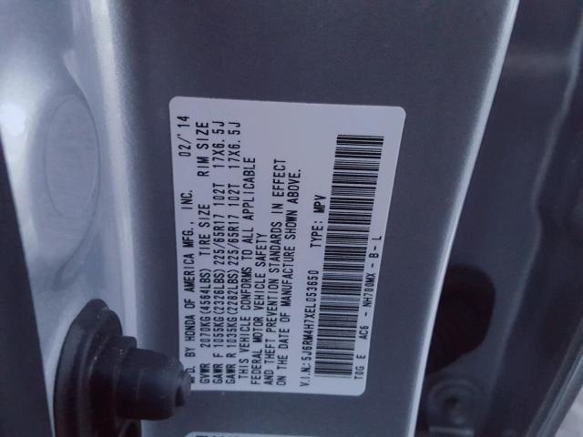 5J6RM4H7XEL053650 - 2014 HONDA CR-V EXL SILVER photo 10