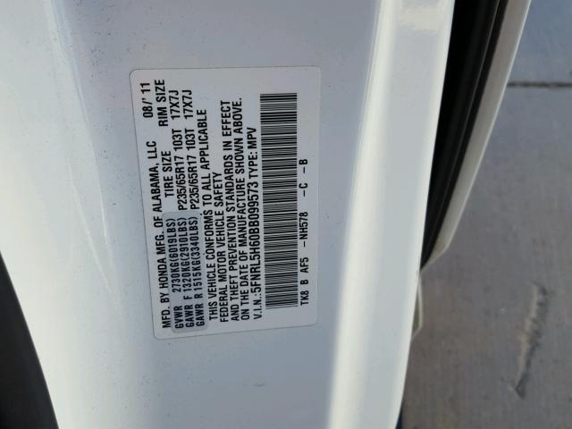 5FNRL5H60BB099573 - 2011 HONDA ODYSSEY EX WHITE photo 10