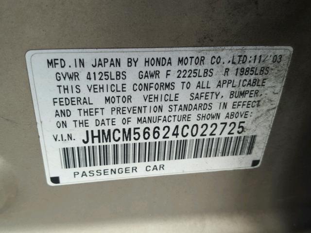 JHMCM56624C022725 - 2004 HONDA ACCORD EX GOLD photo 10