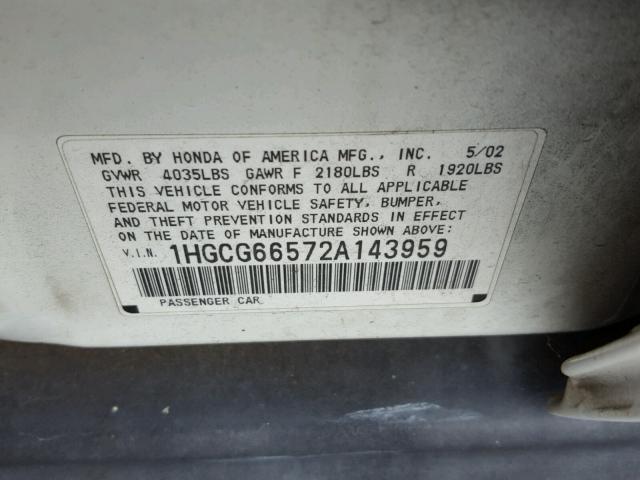 1HGCG66572A143959 - 2002 HONDA ACCORD LX WHITE photo 10