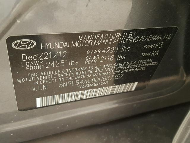 5NPEB4AC8DH667357 - 2013 HYUNDAI SONATA GLS GRAY photo 10