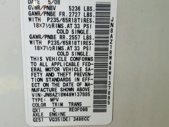 JN8AZ18W49W137885 - 2009 NISSAN MURANO S WHITE photo 10