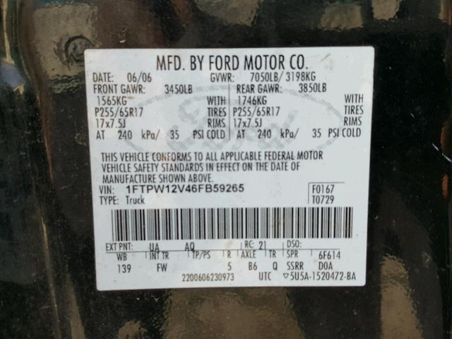 1FTPW12V46FB59265 - 2006 FORD F150 SUPER BLACK photo 10