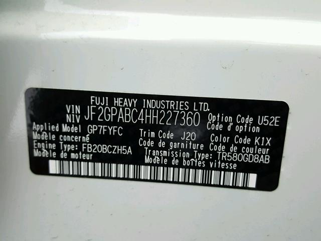 JF2GPABC4HH227360 - 2017 SUBARU CROSSTREK WHITE photo 10