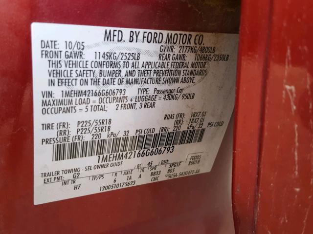 1MEHM42166G606793 - 2006 MERCURY MONTEGO PR 栗色 照片 10