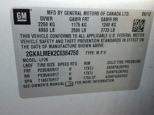 2GKALMEK2C6384750 - 2012 GMC TERRAIN SL SILVER photo 10