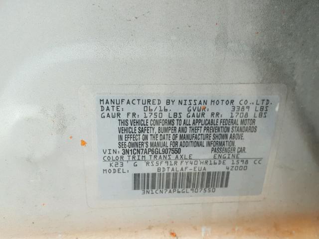 3N1CN7AP6GL907550 - 2016 NISSAN VERSA S SILVER photo 10