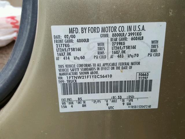 1FTNW21F1YEC56410 - 2000 FORD F250 SUPER GOLD photo 10