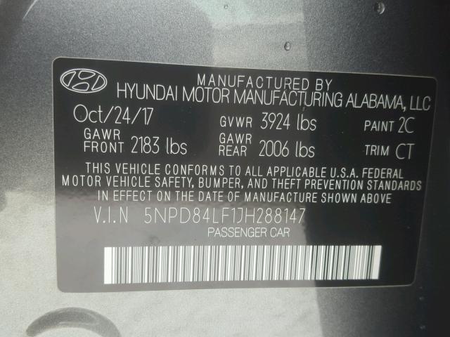 5NPD84LF1JH288147 - 2018 HYUNDAI ELANTRA SE GRAY photo 10