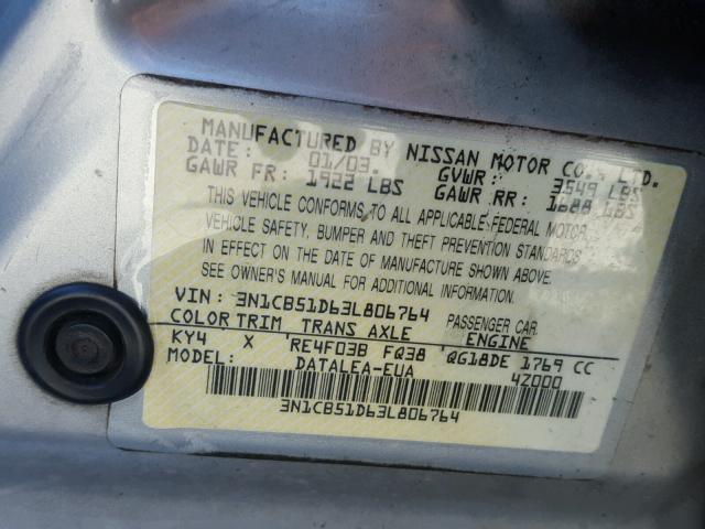 3N1CB51D63L806764 - 2003 NISSAN SENTRA XE SILVER photo 10