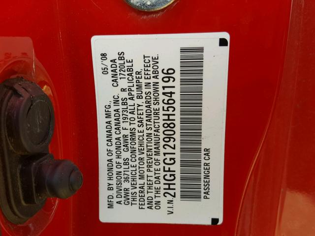 2HGFG12908H564196 - 2008 HONDA CIVIC EXL 红色 照片 10