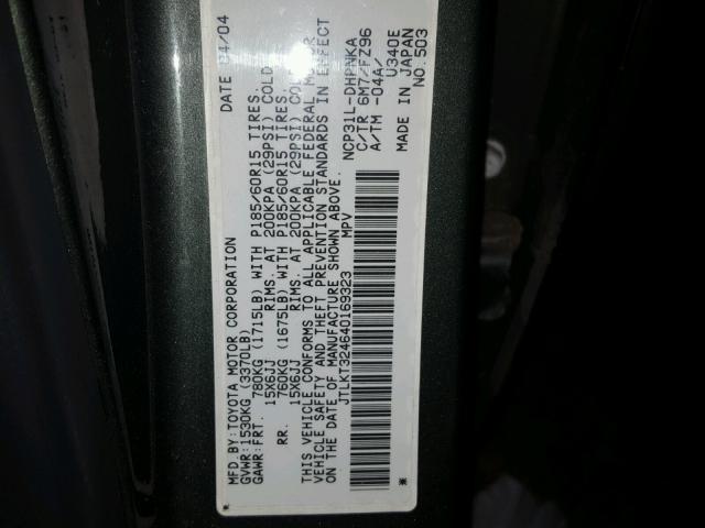 JTLKT324640169323 - 2004 TOYOTA SCION XB GREEN photo 10