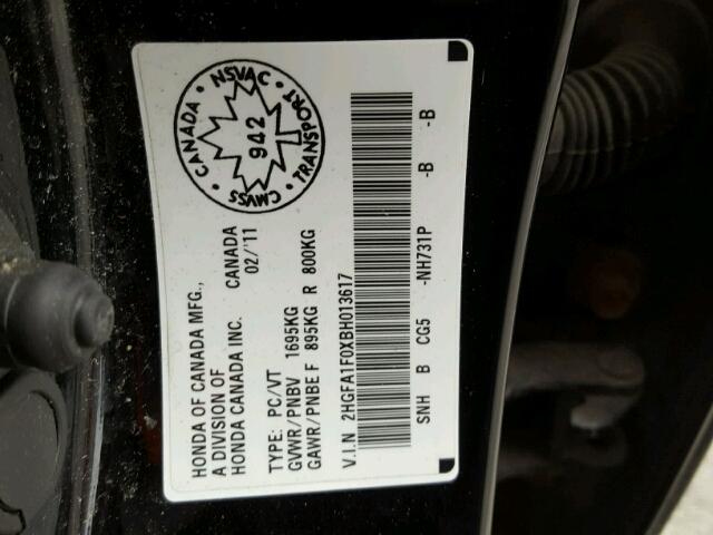 2HGFA1F0XBH013617 - 2011 HONDA CIVIC EXL Қара фото 10