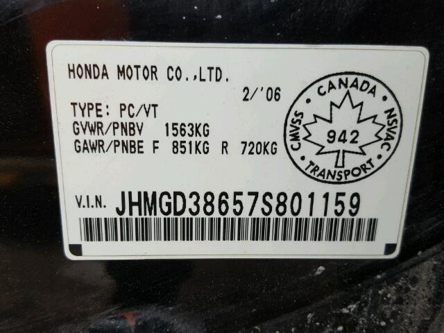 JHMGD38657S801159 - 2007 HONDA FIT S BLACK photo 10