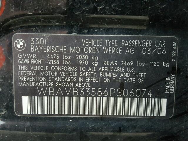 WBAVB33586PS06074 - 2006 BMW 330 I BLACK photo 10