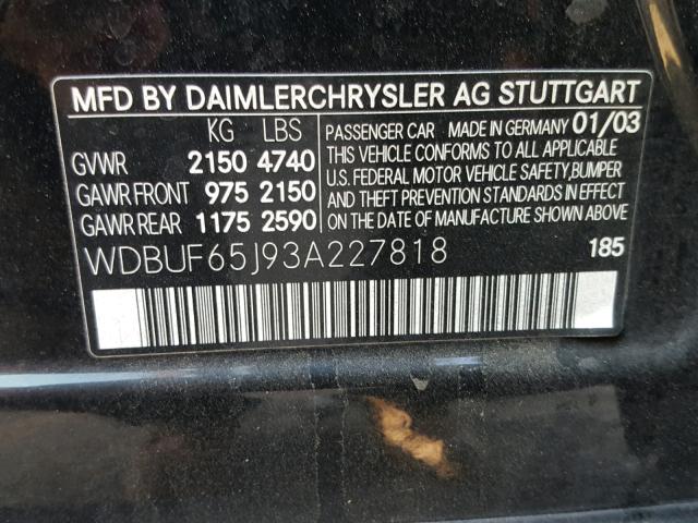 WDBUF65J93A227818 - 2003 MERCEDES-BENZ E 320 BLACK photo 10