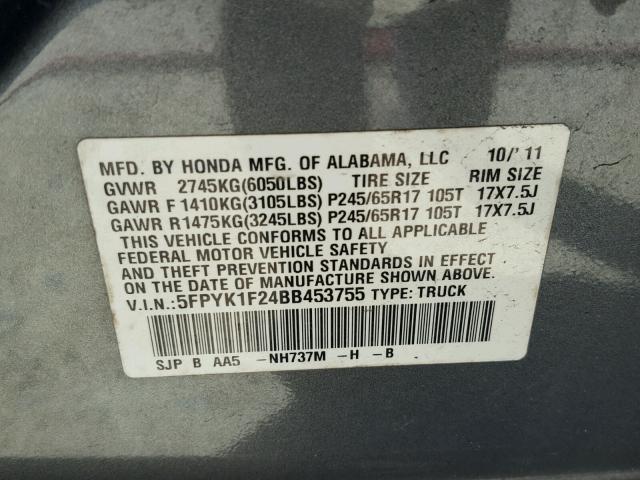 5FPYK1F24BB453755 - 2011 HONDA RIDGELINE GRAY photo 10