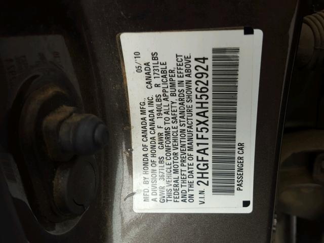 2HGFA1F5XAH562924 - 2010 HONDA CIVIC LX GRAY photo 10