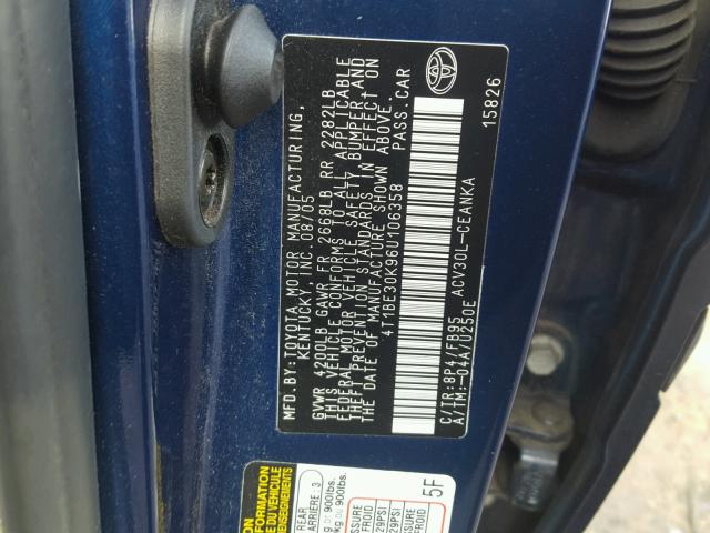 4T1BE30K96U106358 - 2006 TOYOTA CAMRY LE BLUE photo 10