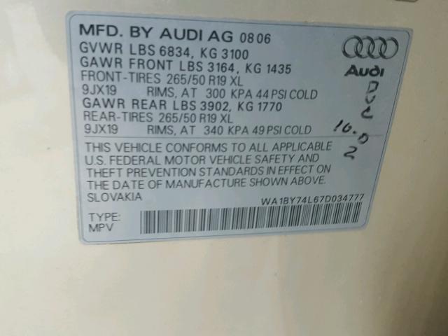 WA1BY74L67D034777 - 2007 AUDI Q7 3.6 QUA GOLD photo 10