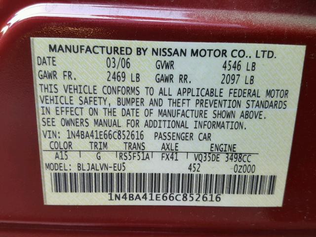 1N4BA41E66C852616 - 2006 NISSAN MAXIMA SE RED photo 10