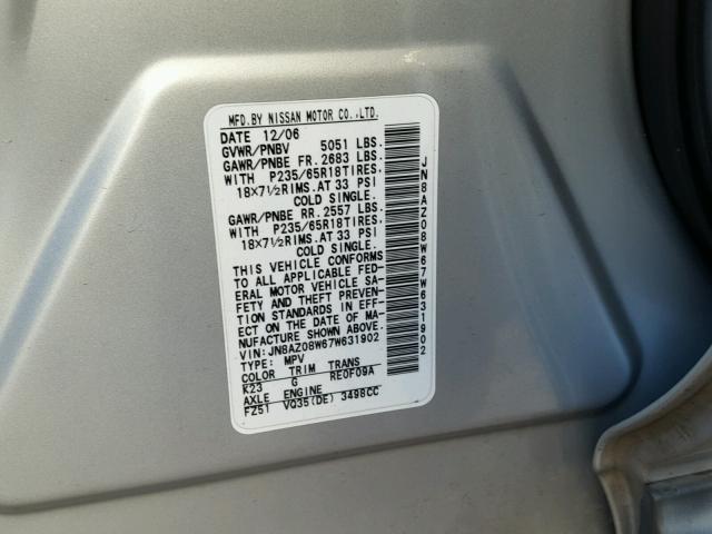 JN8AZ08W67W631902 - 2007 NISSAN MURANO SL SILVER photo 10