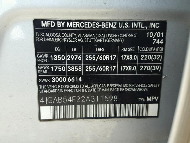 4JGAB54E22A311598 - 2002 MERCEDES-BENZ ML 320 SILVER photo 10