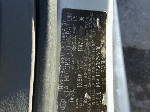 KNAFB121135295436 - 2003 KIA SPECTRA BA SILVER photo 10