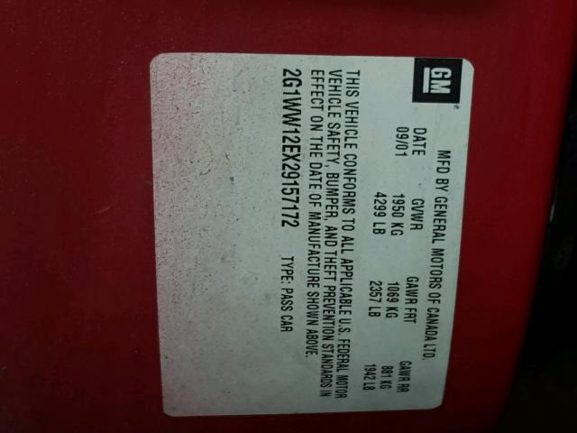 2G1WW12EX29157172 - 2002 CHEVROLET MONTE CARL 红色 照片 10