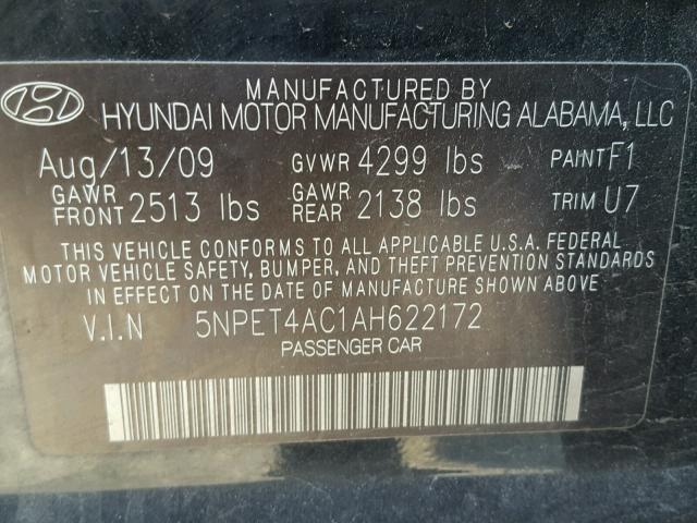 5NPET4AC1AH622172 - 2010 HYUNDAI SONATA GLS BLACK photo 10