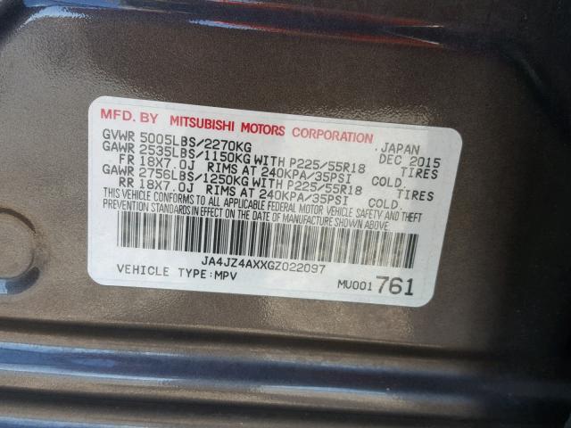 JA4JZ4AXXGZ022097 - 2016 MITSUBISHI OUTLANDER GRAY photo 10