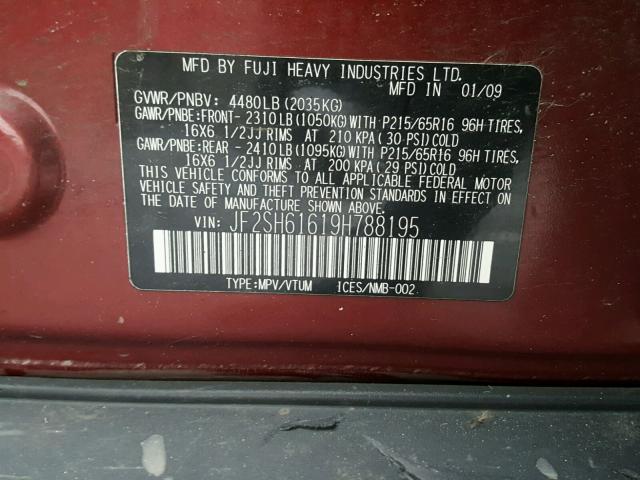 JF2SH61619H788195 - 2009 SUBARU FORESTER 2 BURGUNDY photo 10